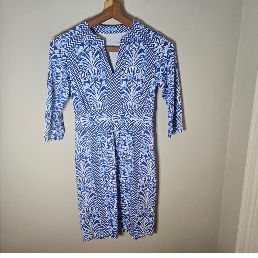 J. McLaughlin Blue and White Sheath Dress with V-Neck
